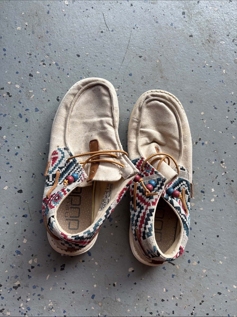 Hey Dude Beige Canvas Moccasins with Multicolor Aztec Trim
